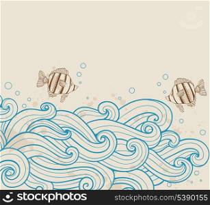 Vector vintage sea ??background with fishes and waves