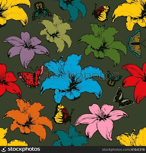 vector vintage seamless floral wallpaper with hibiscus and butterflies