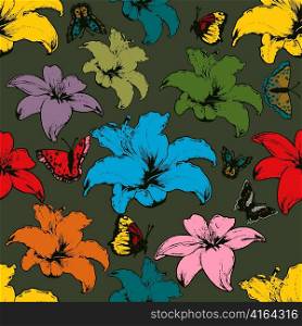 vector vintage seamless floral wallpaper with hibiscus and butterflies