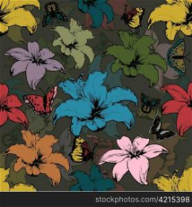 vector vintage seamless floral wallpaper with hibiscus and butterflies