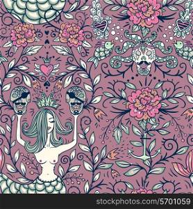 vector vintage seamless pattern with beautiful mermaids and pirate skulls