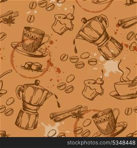 Vector vintage seamless pattern with coffee beans and coffee pot
