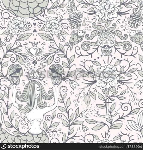 vector vintage seamless pattern with naked mermaids, skulls and roses