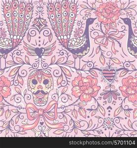 vector vintage seamless pattern with ornamental skulls, peacocks and blooming roses