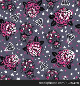 vector vintage seamless pattern with skulls, roses and diamonds
