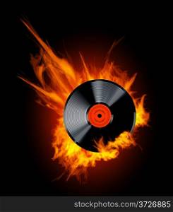 Vector Vinyl Record Disc in Flames on black background. Hot hits!