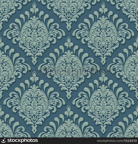 Vector volumetric damask seamless pattern background. Elegant luxury embossed texture for wallpapers, backgrounds and page fill. 3D elements with shadows and highlights. Vector volumetric damask seamless pattern background. Elegant luxury embossed texture for wallpapers, backgrounds and page fill. 3D elements with shadows and highlights.