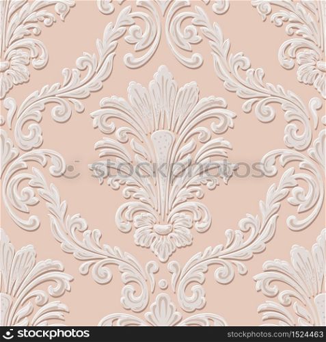 Vector volumetric damask seamless pattern element. Elegant luxury embossed texture for wallpapers, backgrounds and page fill. 3D elements with shadows and highlights. Vector volumetric damask seamless pattern element. Elegant luxury embossed texture for wallpapers, backgrounds and page fill. 3D elements with shadows and highlights.