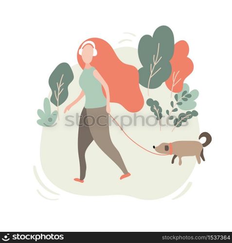 Vector Walking woman in headphones with player and dog. On the background of trees autumn. It can be used for advertising a healthy lifestyle and the environment. Illustration.. Vector Walking woman in headphones with player and dog. On the background of trees autumn. It can be used for advertising a healthy lifestyle and the environment. Illustration