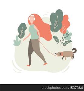 Vector Walking woman in headphones with player and dog. On the background of trees autumn. It can be used for advertising a healthy lifestyle and the environment. Illustration.. Vector Walking woman in headphones with player and dog. On the background of trees autumn. It can be used for advertising a healthy lifestyle and the environment. Illustration