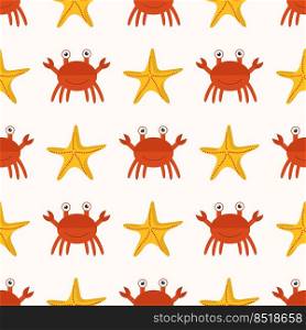 Vector wallpaper for use in textile design or as a print for clothing. Crab and starfish pattern on a light background for web design