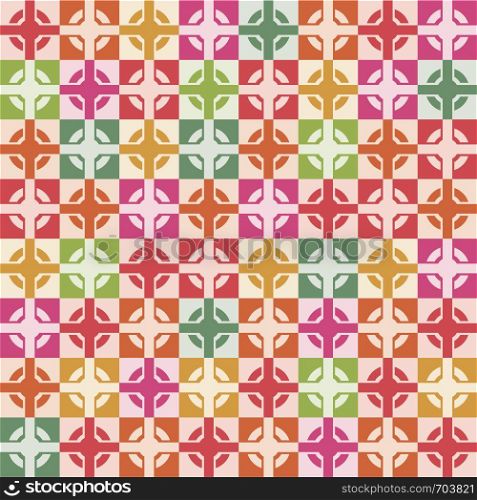 vector wallpaper seamless decoration of square tiles, cross and circle inside, colorful graphic design for fabric or decorative backgrounds
