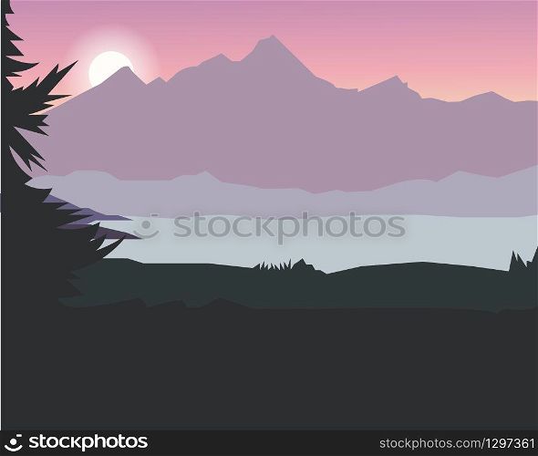 Vector wallpaper with a landscape, mountains and river - Vector
