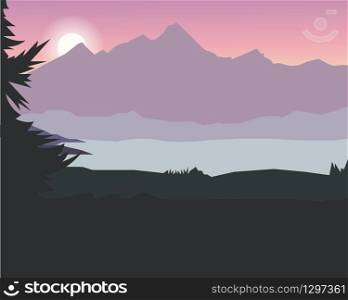 Vector wallpaper with a landscape, mountains and river - Vector