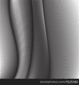Vector warped lines background. Flexible stripes twisted as silk forming volumetric folds. Grayscale stripes with variable width. Modern abstract creative backdrop.