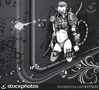 vector warrior girl with grunge background