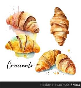 vector watercolor baking. It can be used for card, postcard, menu.. Croissants vector watercolor baking. It can be used for card, postcard, menu.