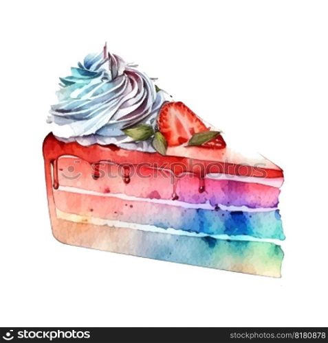 vector watercolor cake, piece of cake. It can be used for card, postcard, cover, invitation, wedding card, mothers day card, birthday card, menu, recipe.