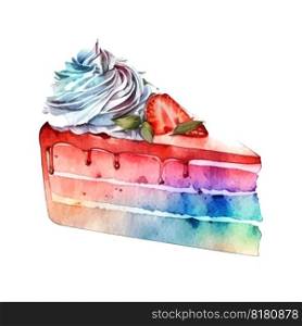 vector watercolor cake, piece of cake. It can be used for card, postcard, cover, invitation, wedding card, mothers day card, birthday card, menu, recipe.
