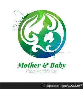 Vector watercolor effect illustration of mother silhouette with her baby. Card of Happy Mothers Day. Logo of beautiful woman and child