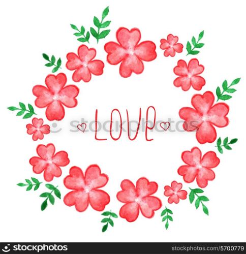 Vector watercolor floral frame with red flowers and leaves
