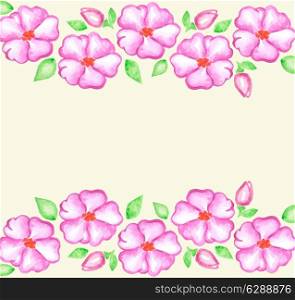 Vector watercolor hand drawn floral background with pink flowers