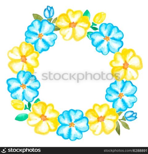 Vector watercolor hand drawn floral frame with blue and yellow flowers