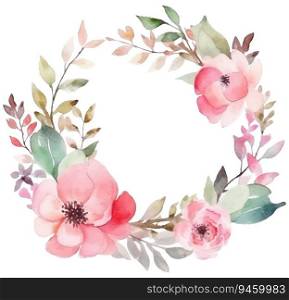 Vector watercolor painting wreath design with pink flowers and leaves, hand-painted floral bouquet isolated on a white background.