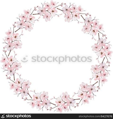 Vector Watercolor Wreath with Delicate Flowering Twigs.