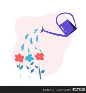 vector watering can water flowers in garden. Illustration concept about flower care for children book, web design.. vector watering can water flowers in garden. Illustration concept about flower care for children book, web design