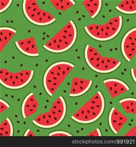 vector watermelon seamless background pattern. watermelon slices and watermelon seeds isolated on green seamless background