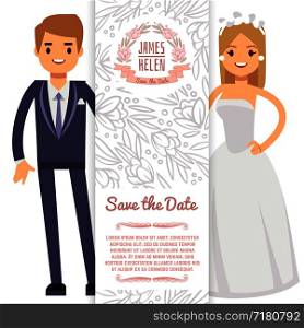 Vector wedding banner template. Decorative flyer with bride, fiance and floral ornament. Wedding card celebration, marriage invitation illustration. Vector wedding banner template. Decorative flyer with bride, fiance and floral ornament