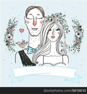 vector wedding illustration of pretty bride and groom with floral garlands