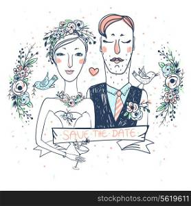 vector wedding illustration of pretty bride and groom with flowers and birds