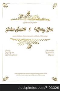Vector wedding invitation card template with golden floral elements. Golden wedding invitation card template