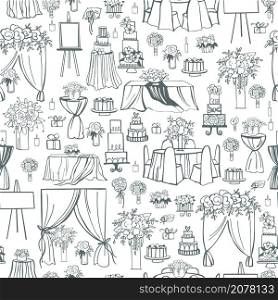 Vector wedding seamless pattern. Flowers, cakes, arches, decoration for tables, bridal bouquet. Hand drawn sketch illustration. . Wedding flowers, cakes, bridal bouquet. Vector pattern