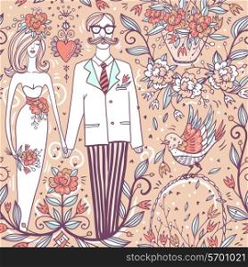 vector wedding seamless pattern with a funny pair and vintage roses