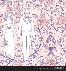 vector wedding seamless pattern with a pretty pair and vintage roses