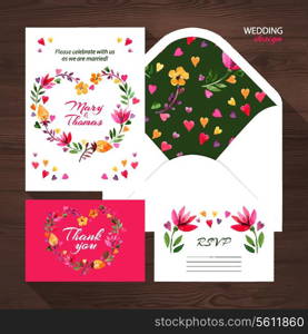 Vector wedding set with watercolor floral illustration. Wedding invitation, thank you card, envelope and RSVP card.