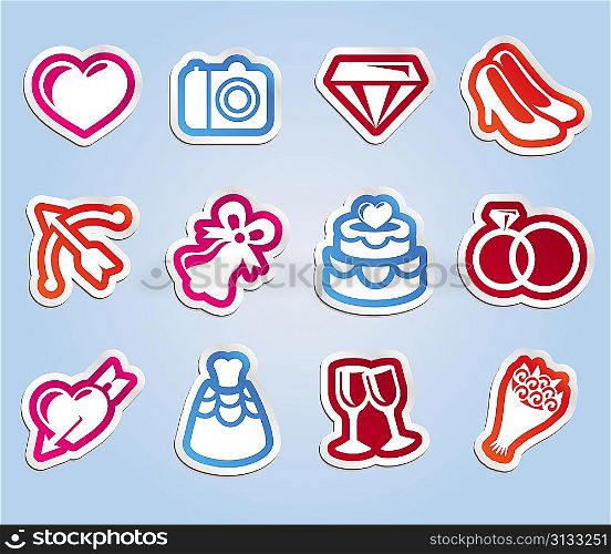 Vector wedding sticker with love and romance icons - labels for invitation or card