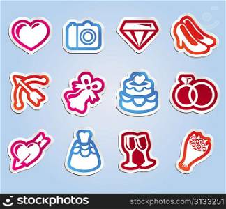 Vector wedding sticker with love and romance icons - labels for invitation or card