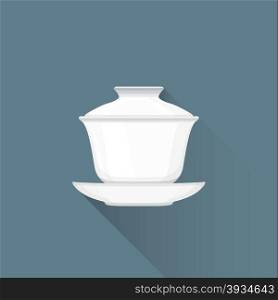 vector white color flat design asian porcelain tea gaiwan on saucer illustration isolated dark background long shadow&#xA;