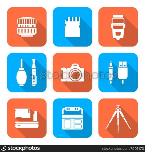 vector white color flat design square various digital photography equipment icons long shadow&#xA;