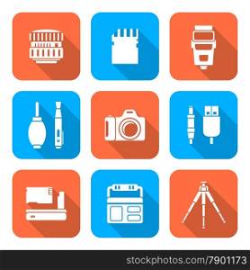 vector white color flat design square various digital photography equipment icons long shadow&#xA;