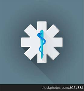 vector white colored flat design ambulance cross sign blue snake Rod of Asclepius symbol illustration isolated dark background long shadow&#xA;