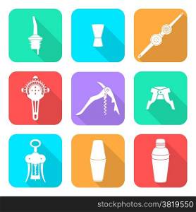 vector white flat design barman equipment icons set tools pour spout, jigger, plug, winged corkscrew, wine opener, squeezer, shaker, cocktail strainer with shadows&#xA;