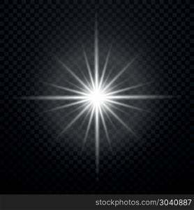 Vector white glowing transparent brightly light star burst explosion isolated on plaid backdrop. Vector white glowing transparent brightly light star burst explosion isolated on transparent plaid backdrop. Light glitter star illustration