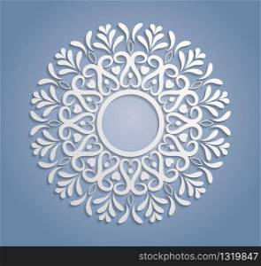 Vector white lace decoration, round lacy doily, cutout paper circle ornament