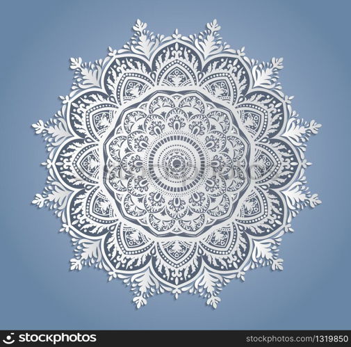 Vector white lace decoration, round lacy doily, cutout paper circle ornament