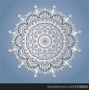 Vector white lace decoration, round lacy doily, cutout paper circle ornament